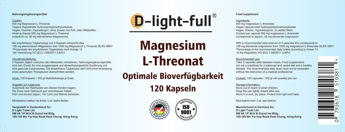 D-light-full Magnesium L-Threonat (120 Kapseln vegan)