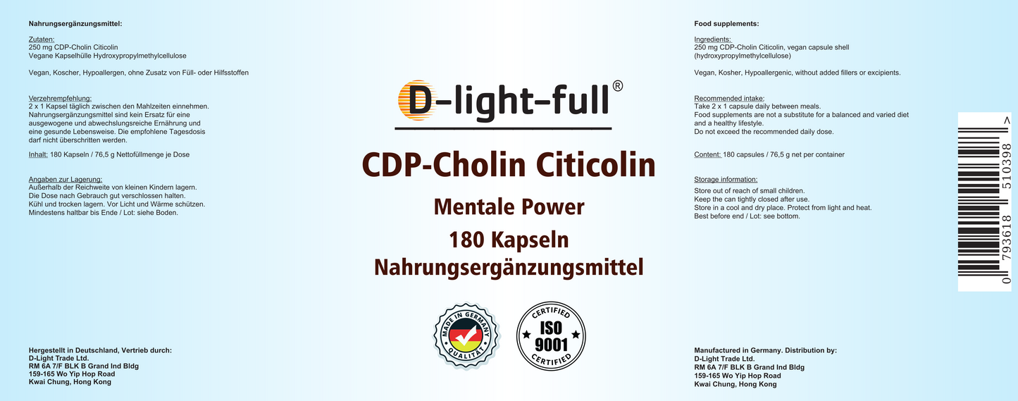D-light-full CDP-Cholin Citicolin 250 mg (180 Kapseln vegan)